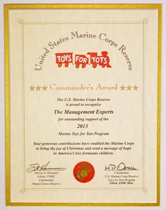 MGE Management Experts US Marines Toys for Tots Award