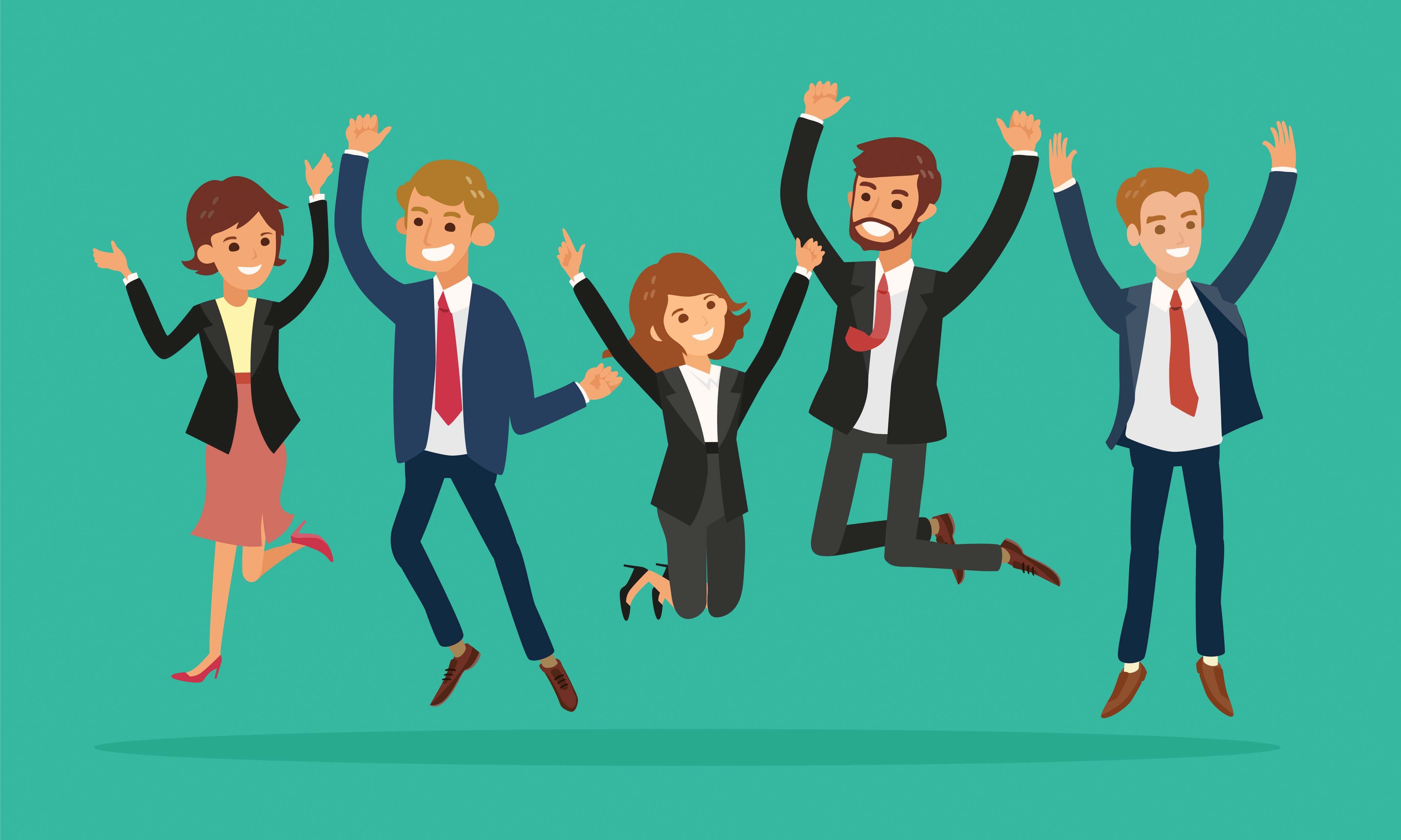 Animation of men and women jumping with happy smiles