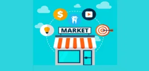 Illustration of dental marketing elements including charts and icons.