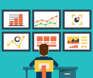 Flat illustration of web analytics dashboard with charts, graphs, and statistics data.