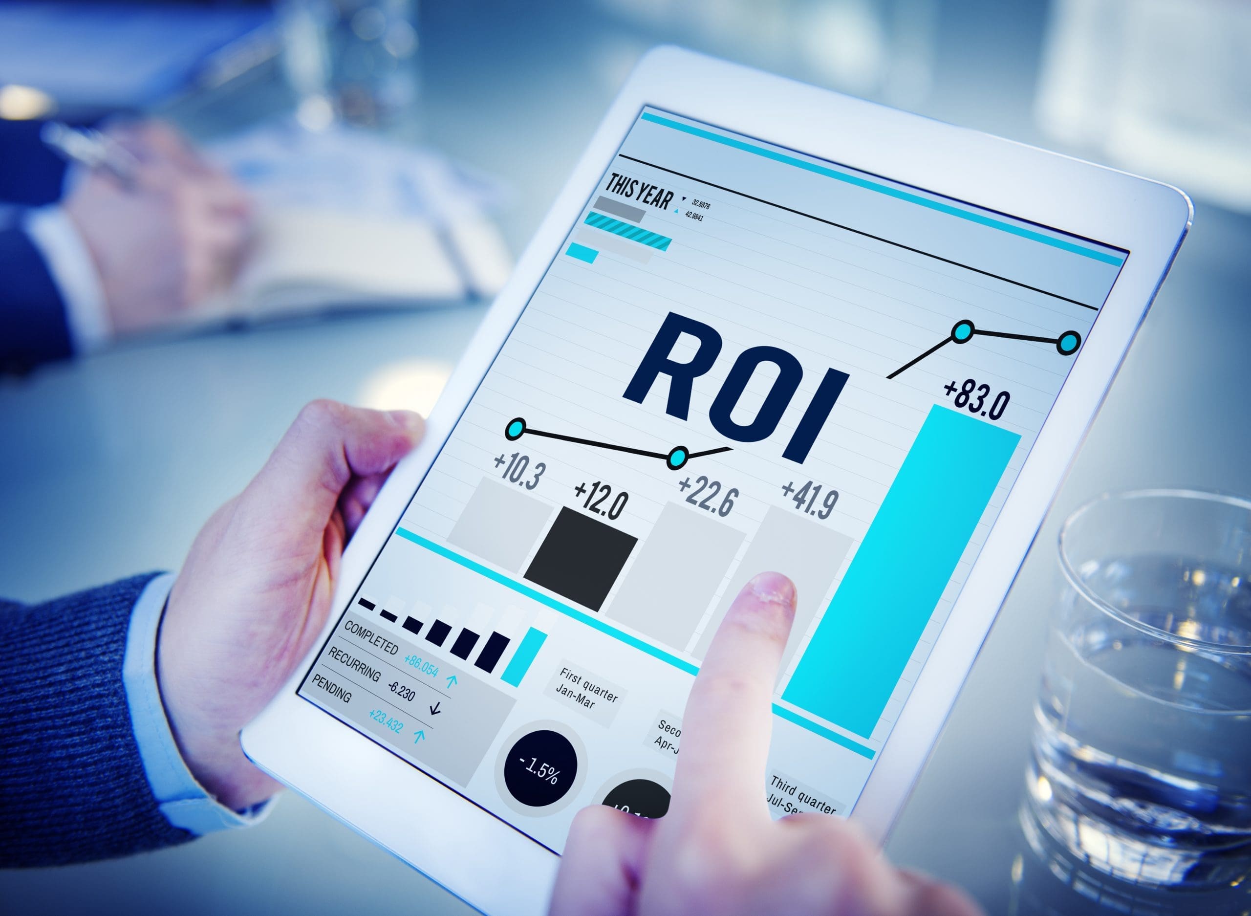 A graphic with an image of stats and figures and ROI written in the middle
