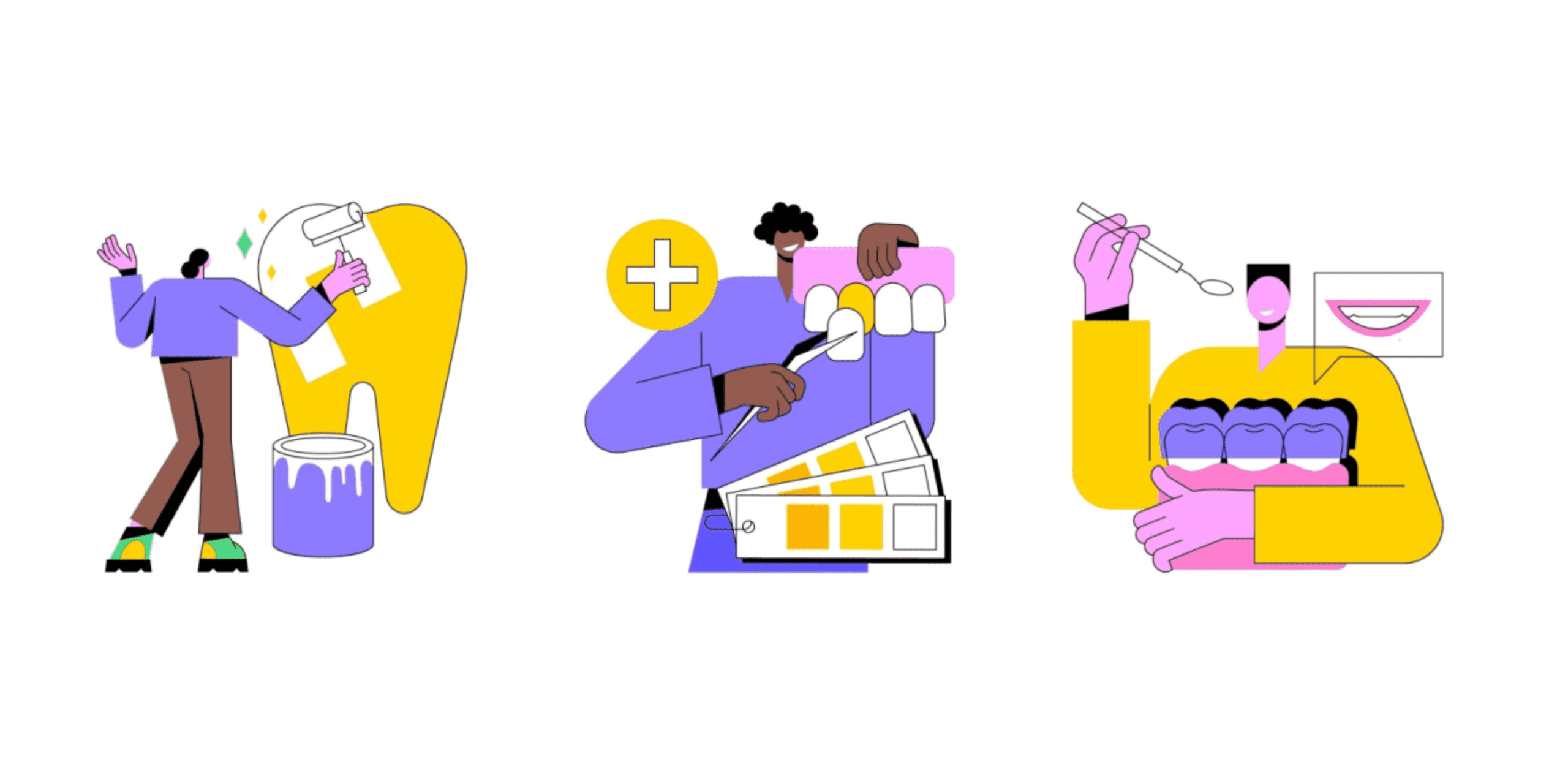 animated images of bright colored teeth, people, large tooth being painted