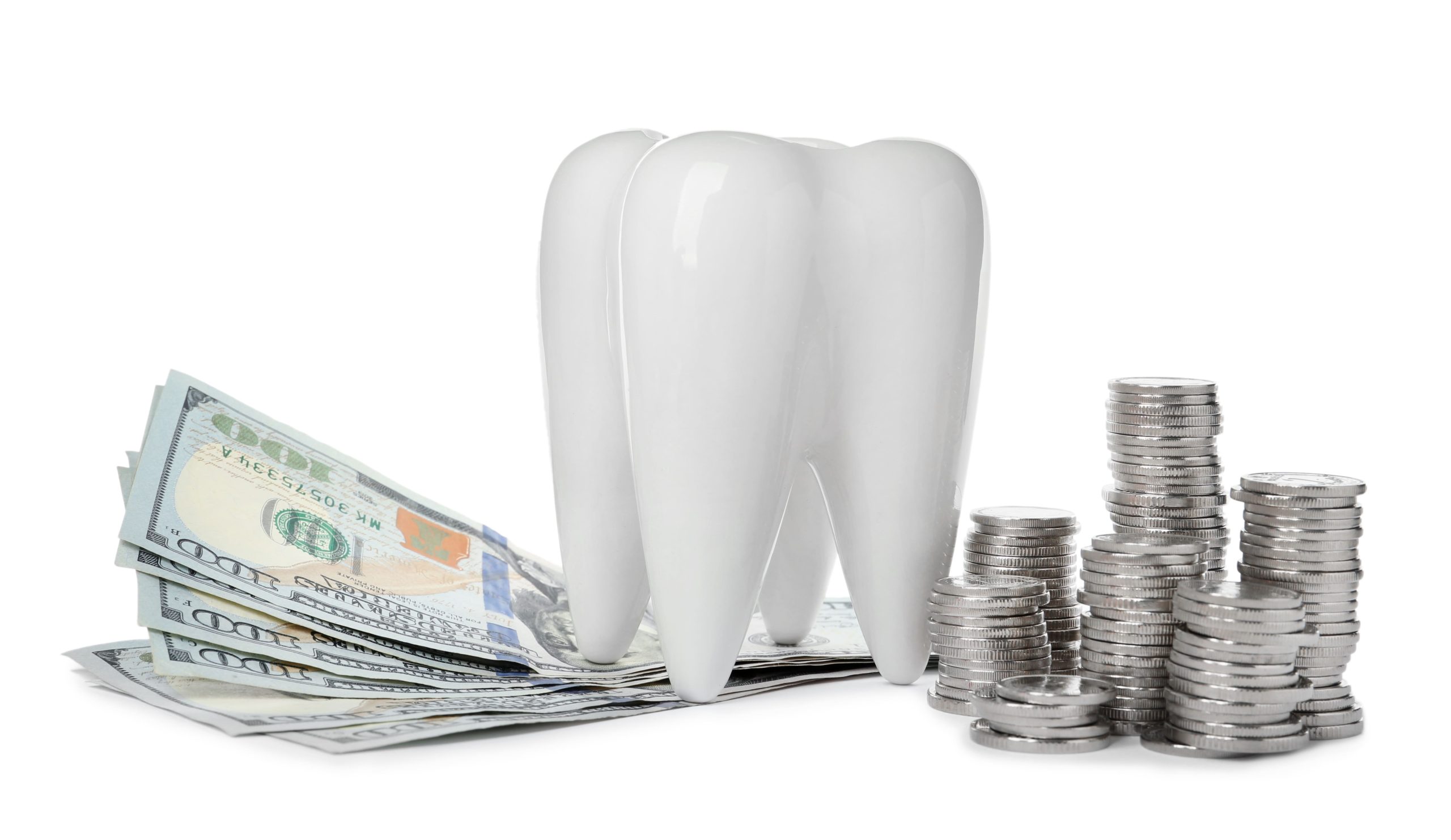 Ceramic Model Of Tooth, Dollar Banknotes And Coins On White background