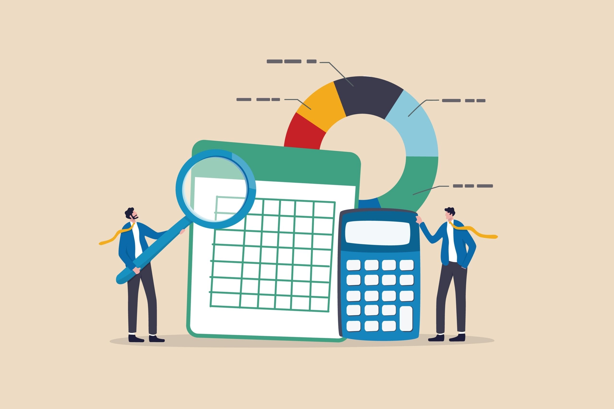 graphic with calculator, human the same size, pie chart in the background. Very colorfull