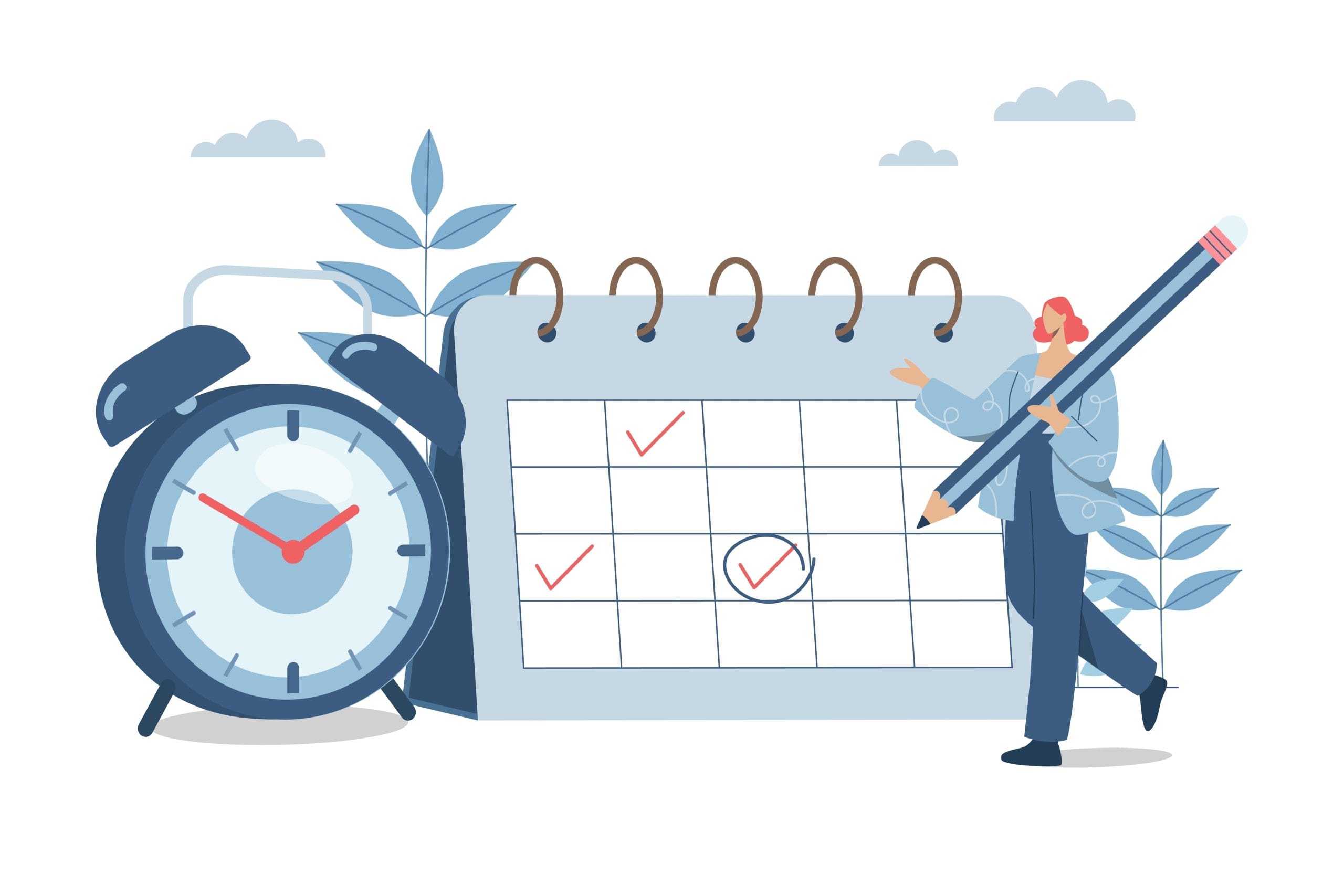 graphic of a large calendar with a person with large pencil filling in a space