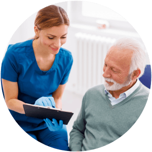 Illustration of a dentist presenting a treatment plan to a patient.