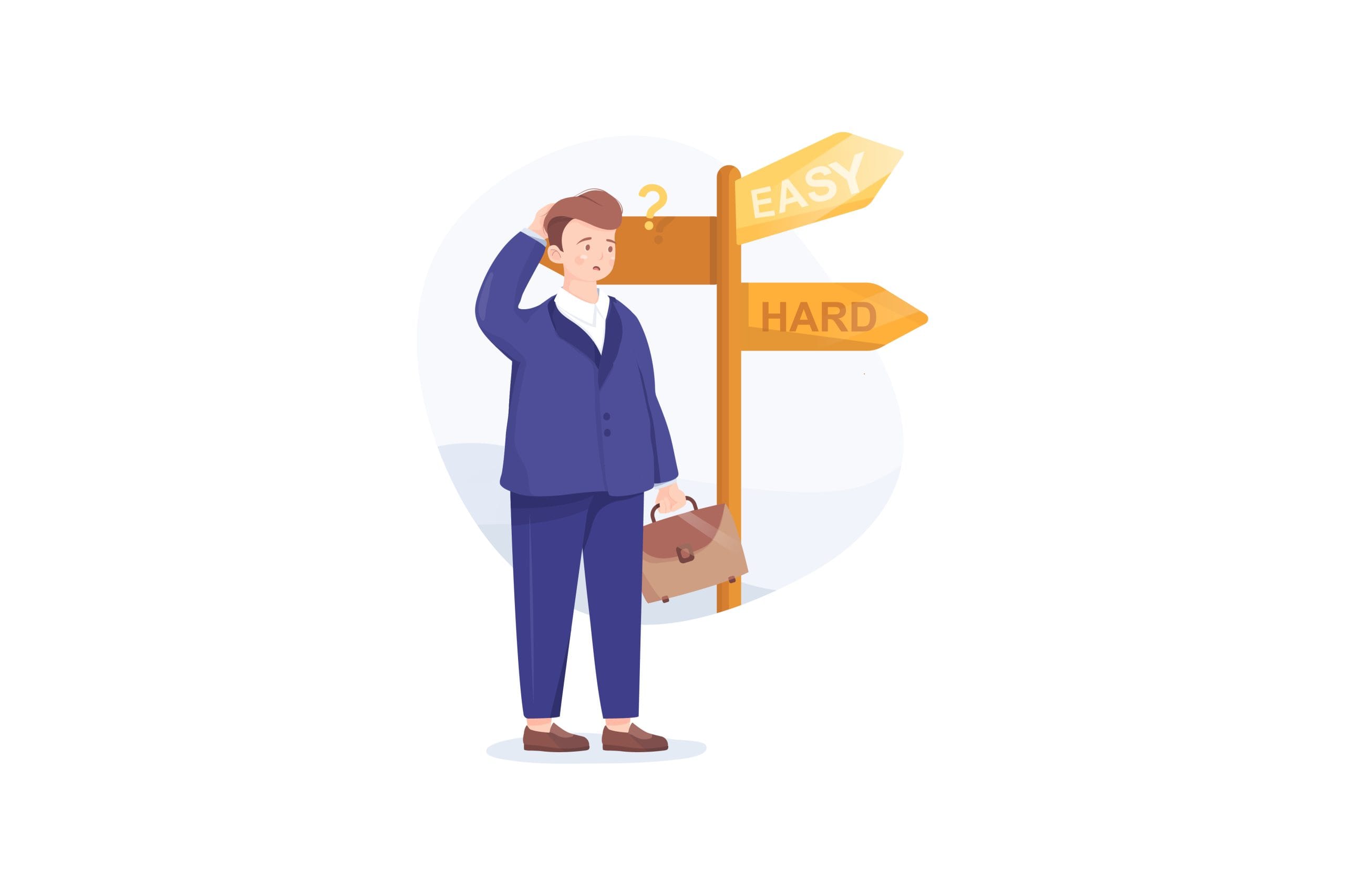 man standing at a cross roads, street sign says easy with an arrow and hard with an arrow