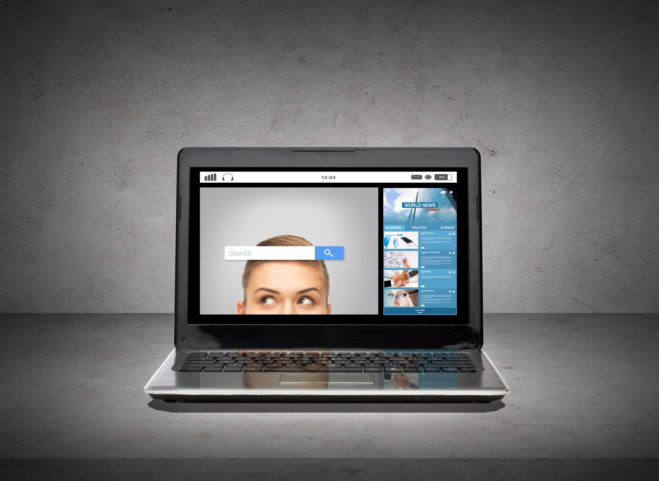 dark background with a laptop open and a generic search screen