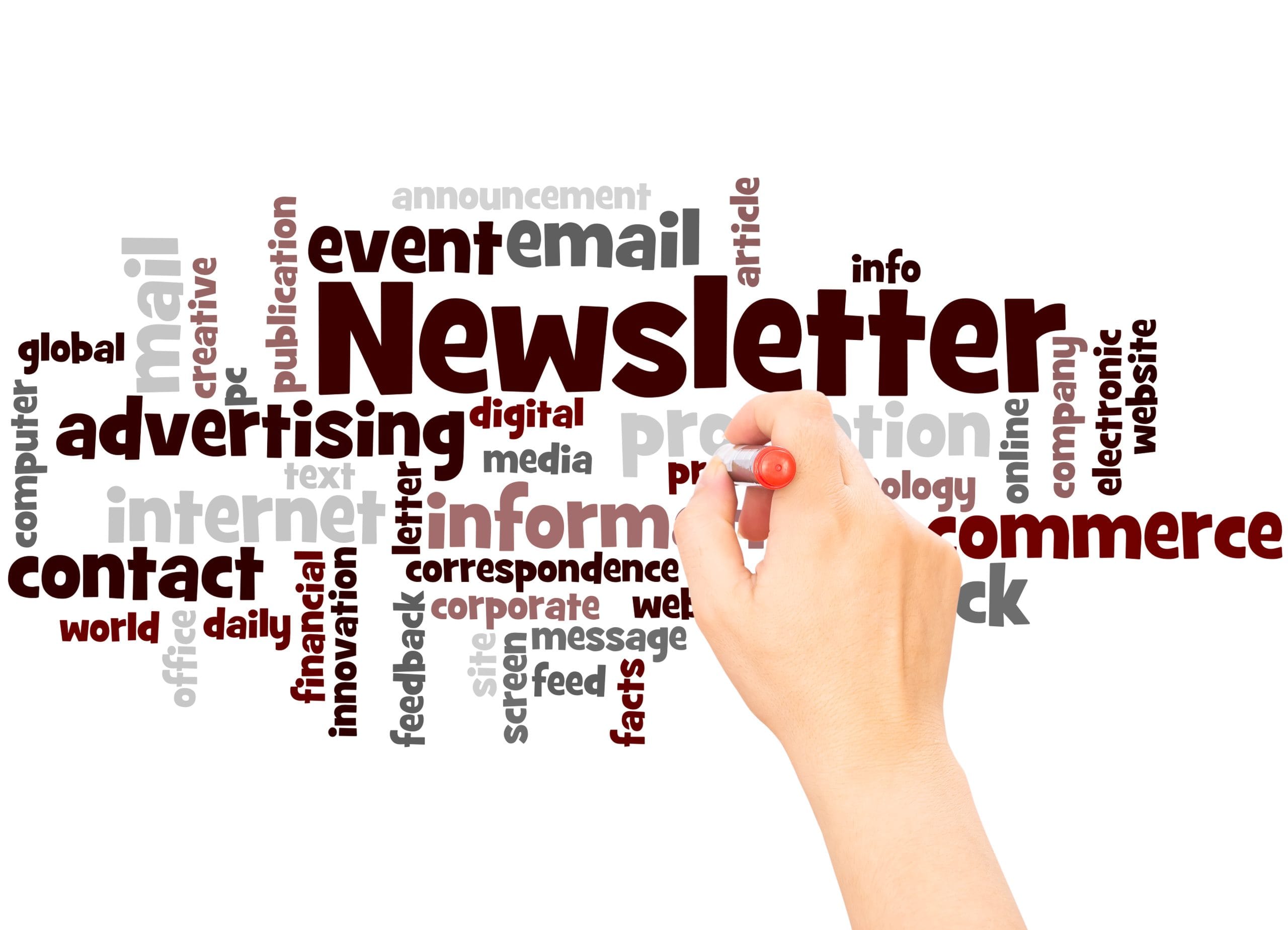 Word ball with marketing words and a large word in the middle says NEWSLETTER