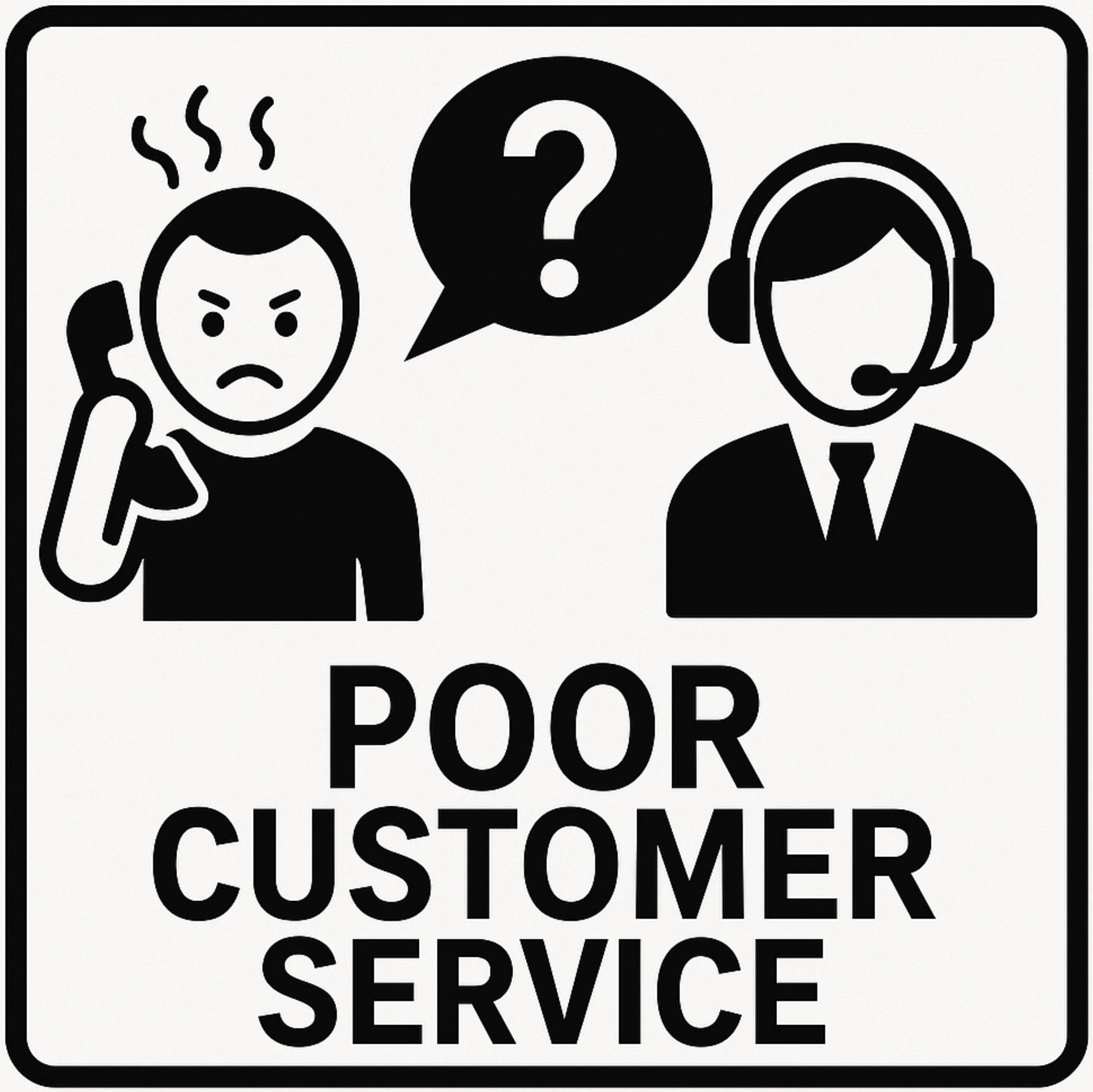 Illustration of an unsatisfied customer on the phone with a customer service rep and the words 'poor customer service'