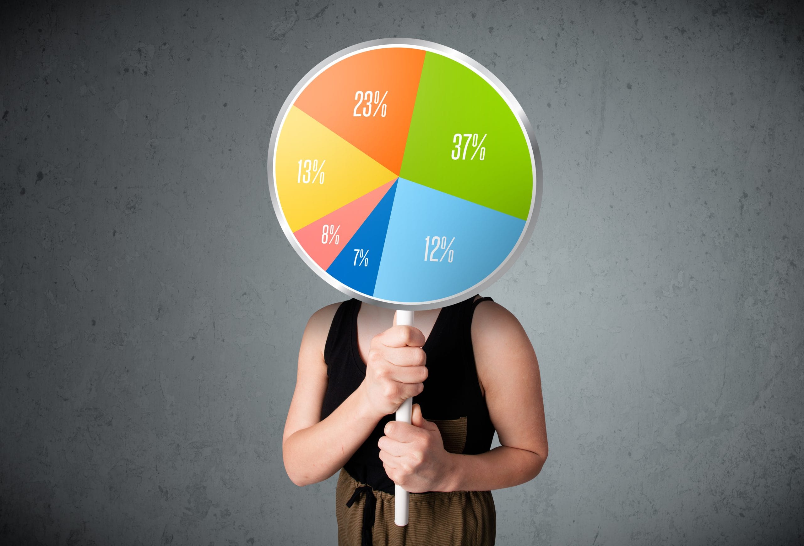 A person holding a large circle with a pie chart in different colors