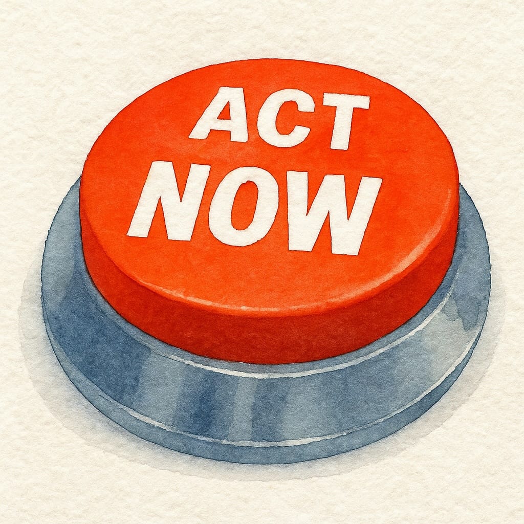 Illustration of a big red 'Act Now' button.