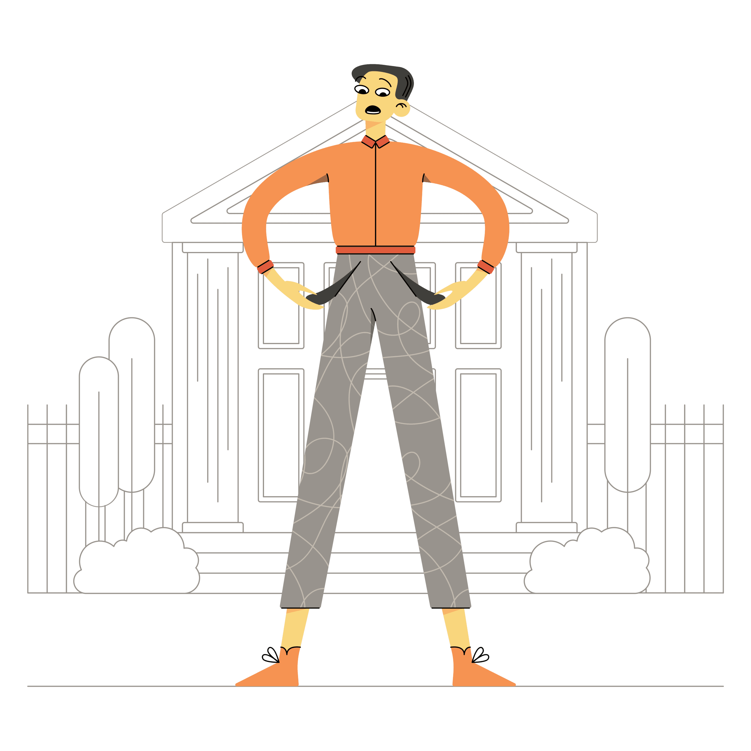 Illustration of a man turning out his pockets indicating no money.