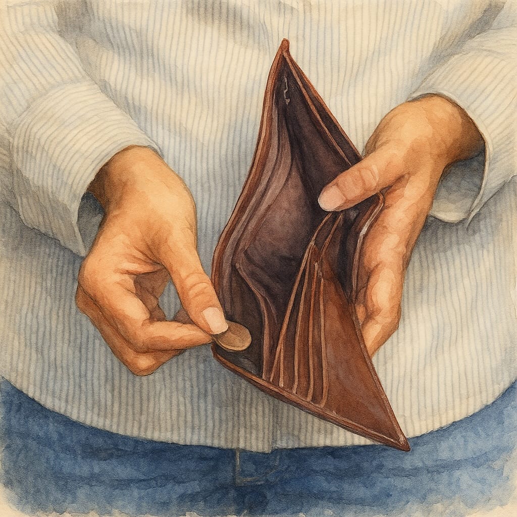 Illustration of an open wallet and only a penny inside.